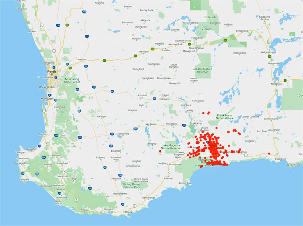 collecting locality map for 'Bennett, M. (PERTH)'