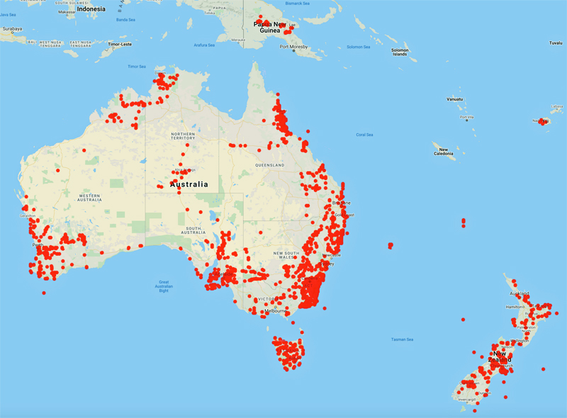 collecting locality Australia map for 'Elix, J.A.'