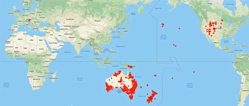 collecting locality world map for 'Elix, J.A.'