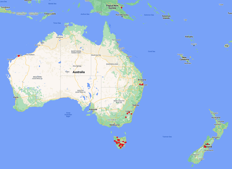 collecting locality map for 'James, P.W.' in Australasia